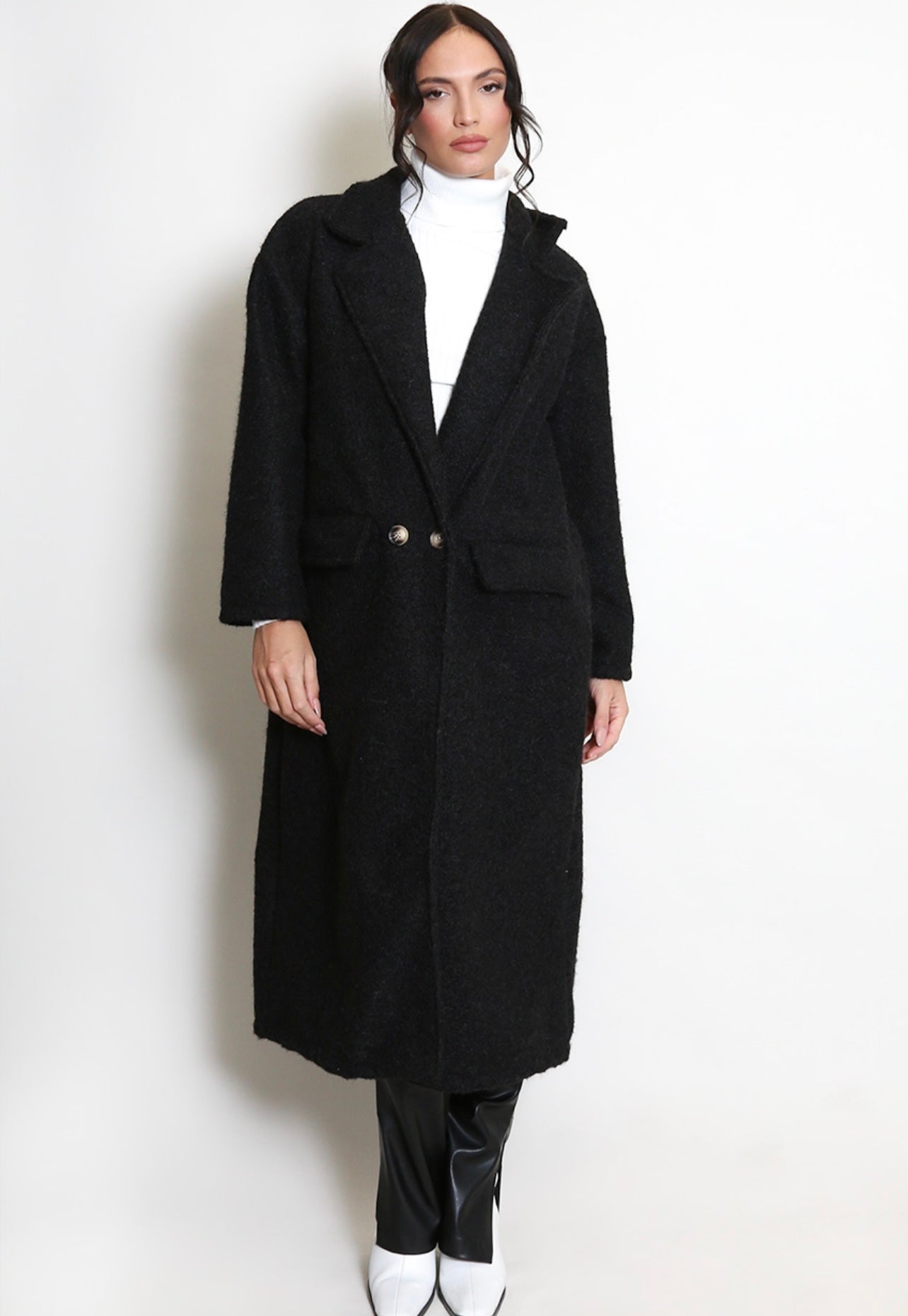 Black Boucle Double Button Oversized Coat