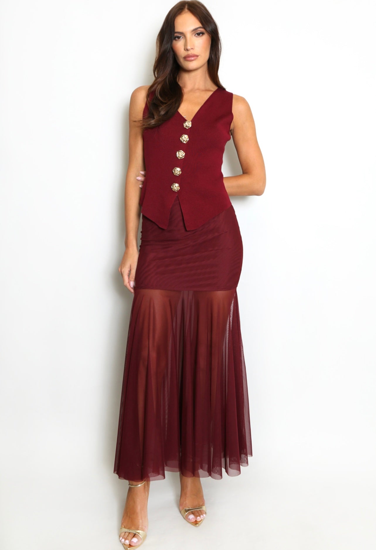 Wine Panelled Mesh Hem Maxi Skirt