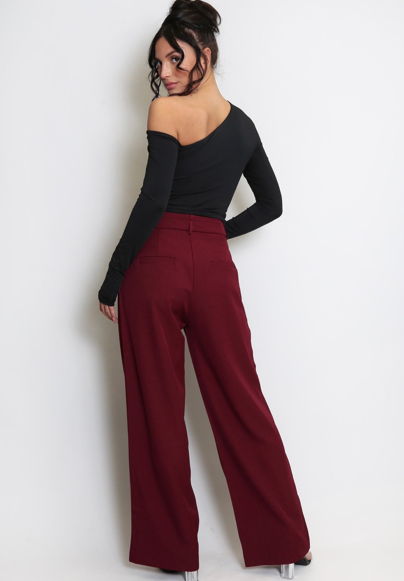 Black Long Sleeve Crop Top With Asymmetric Neckline