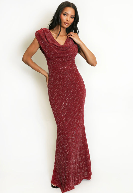 Burgundy Studded Drape Neck Maxi Dress