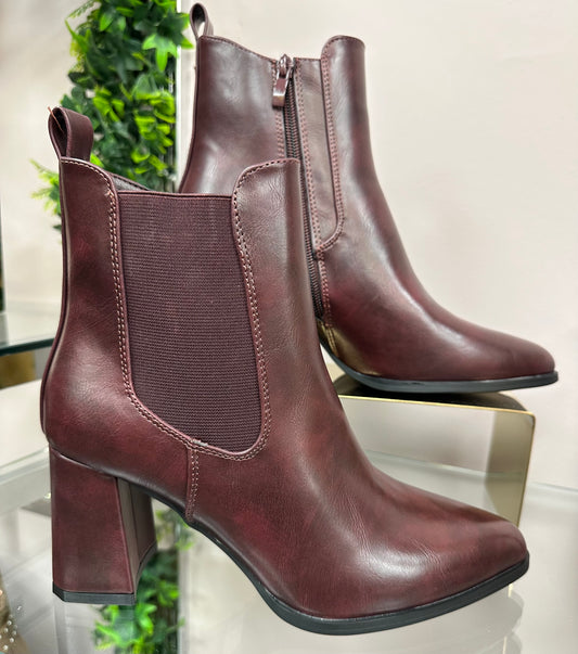Wine Block Heel Ankle Boots