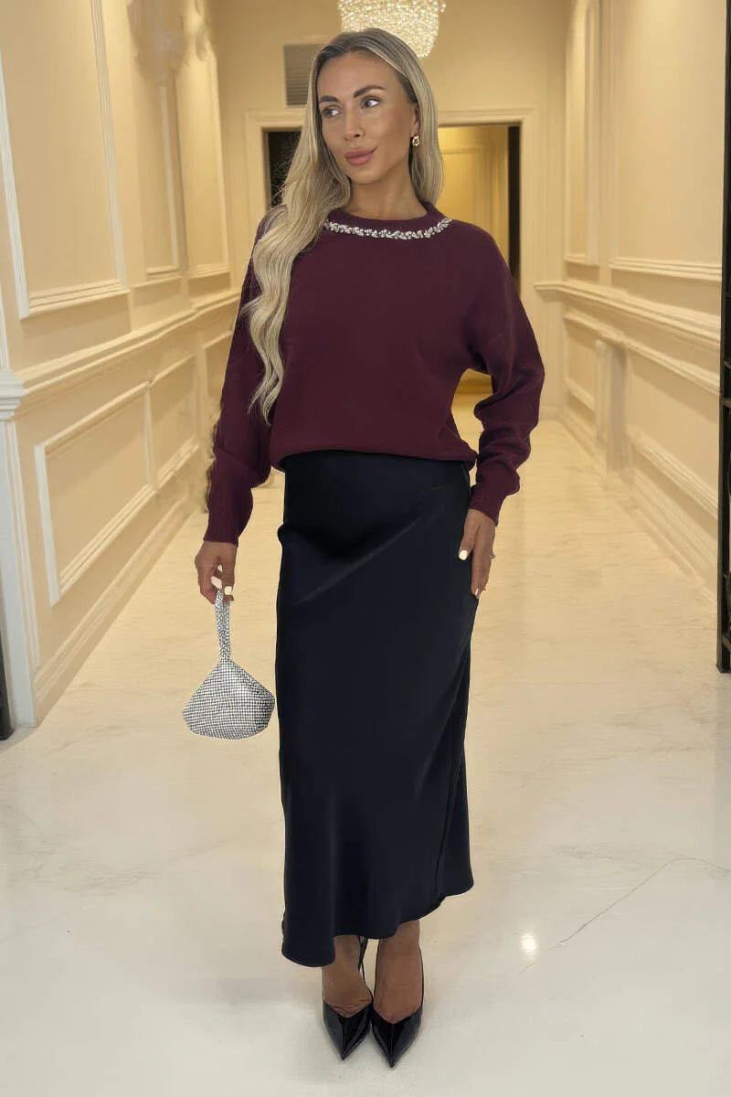 Burgundy Jewel Embellished Neck Jumper