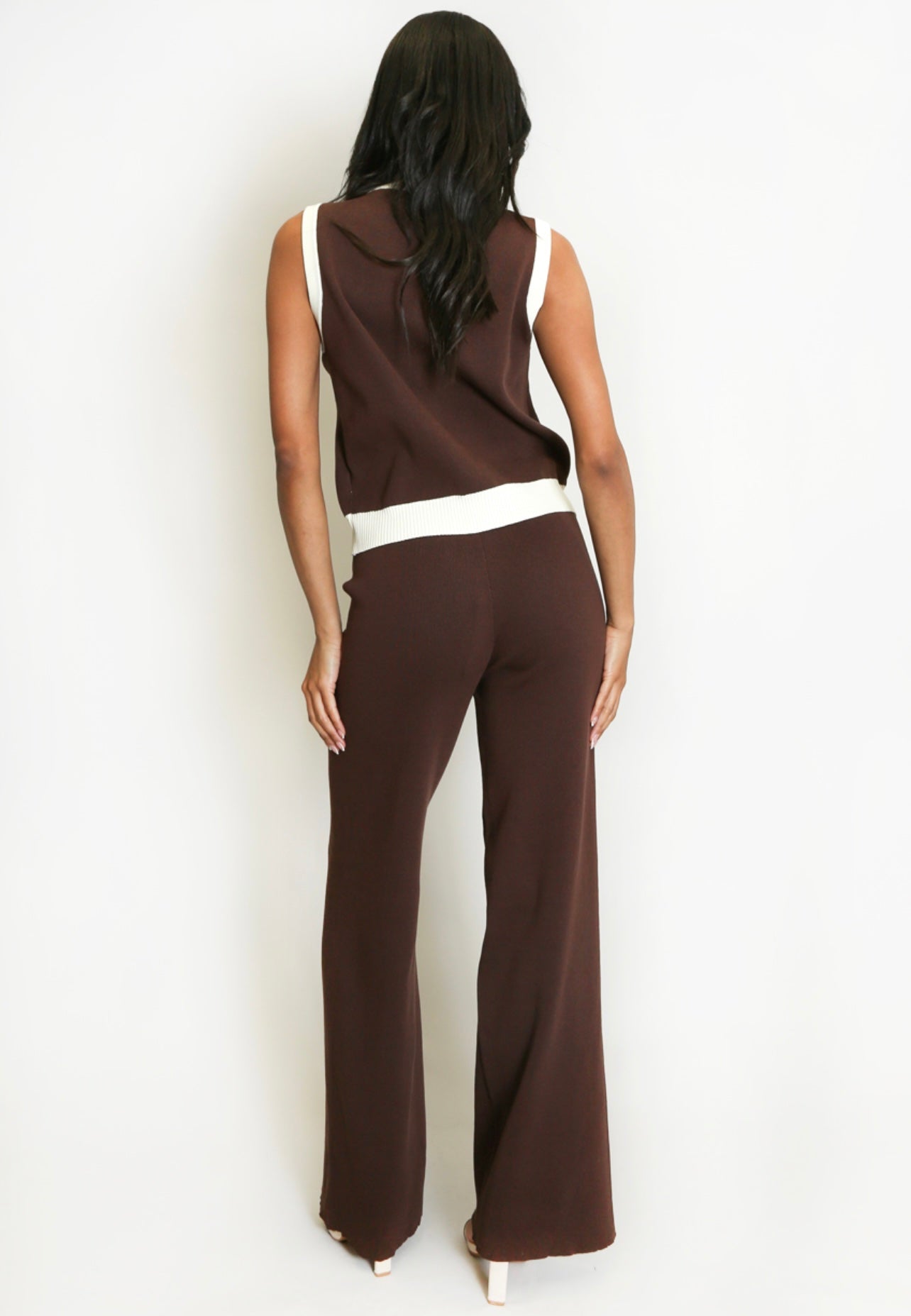 Brown Ribbed Contrast Trim Waistcoat and Wide Leg Trousers Set