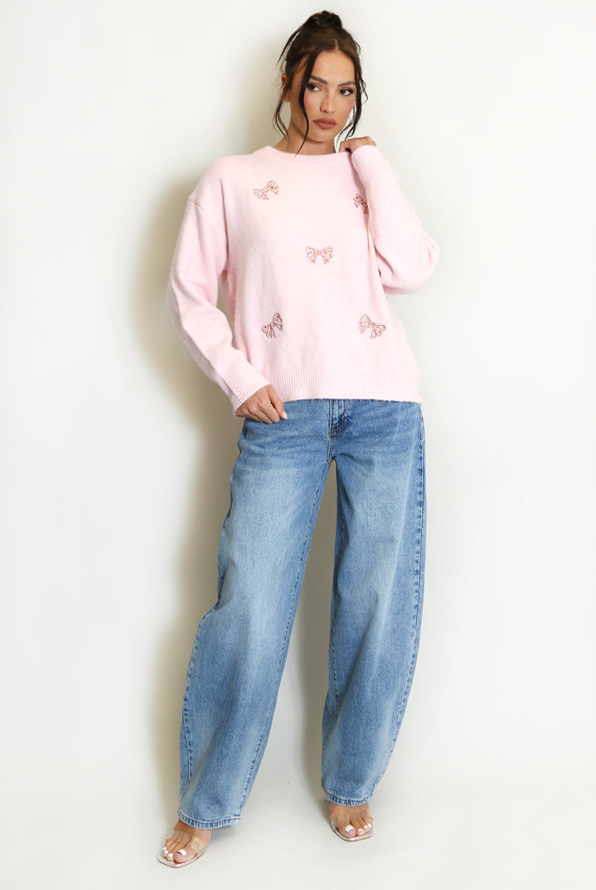 Pink Fluffy Knit Jumper With Bow Motif