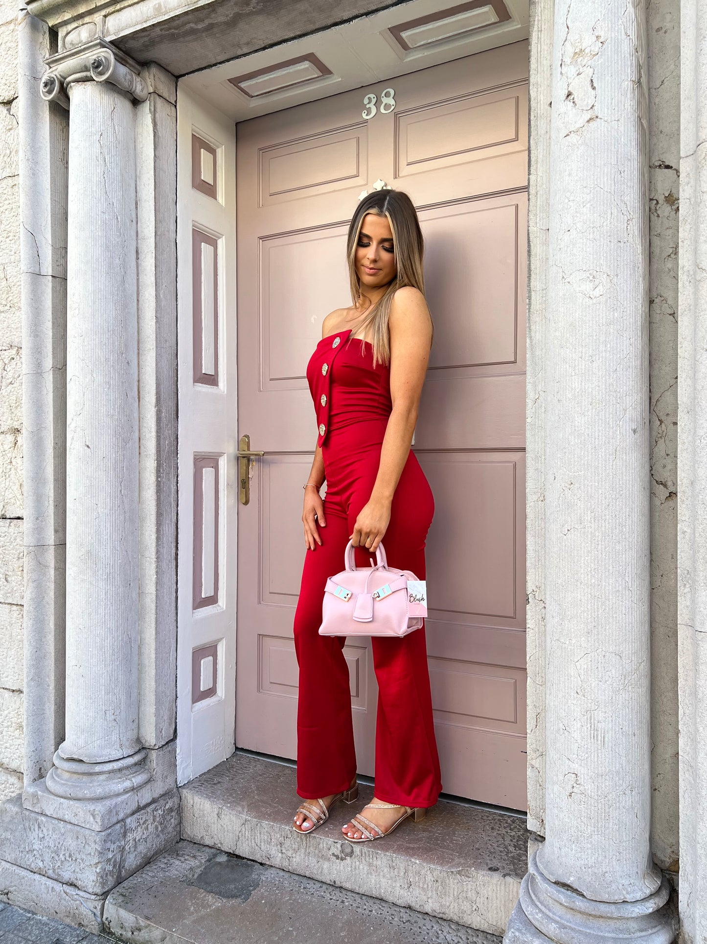 Red Gold Detail Button Jumpsuit