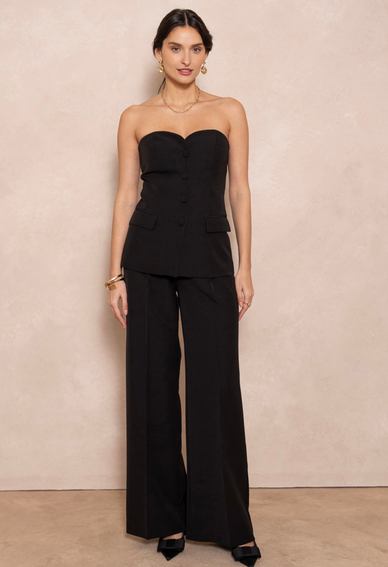 Black Tailored Button Front Bandeau Top