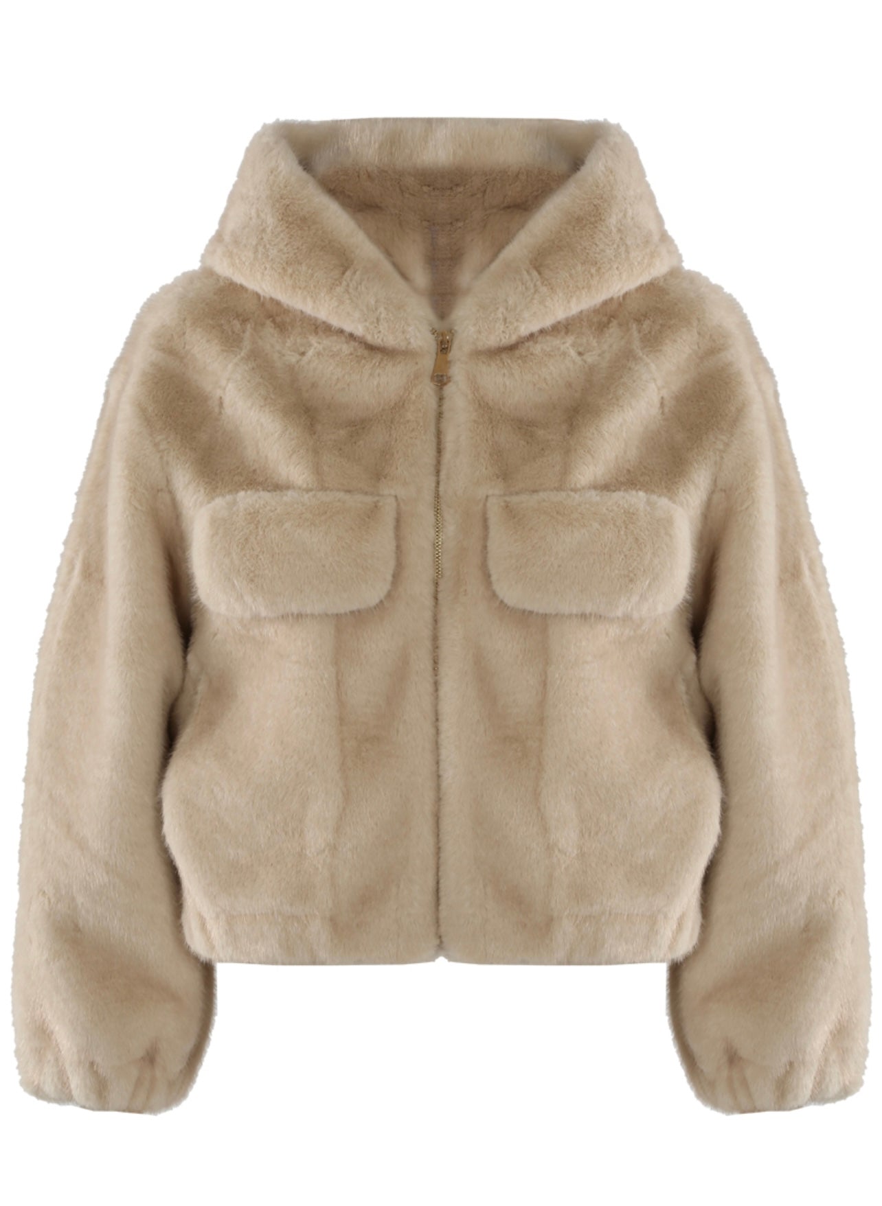 Beige Faux Fur Hooded Bomber Jacket