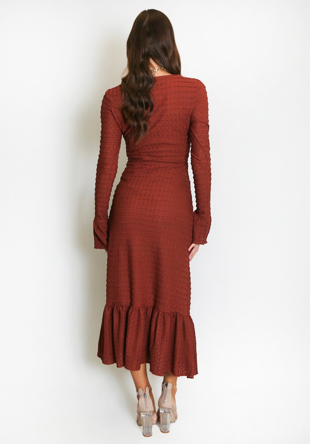 Burgundy Classic Midi Dress With Flare Cuff And Hem