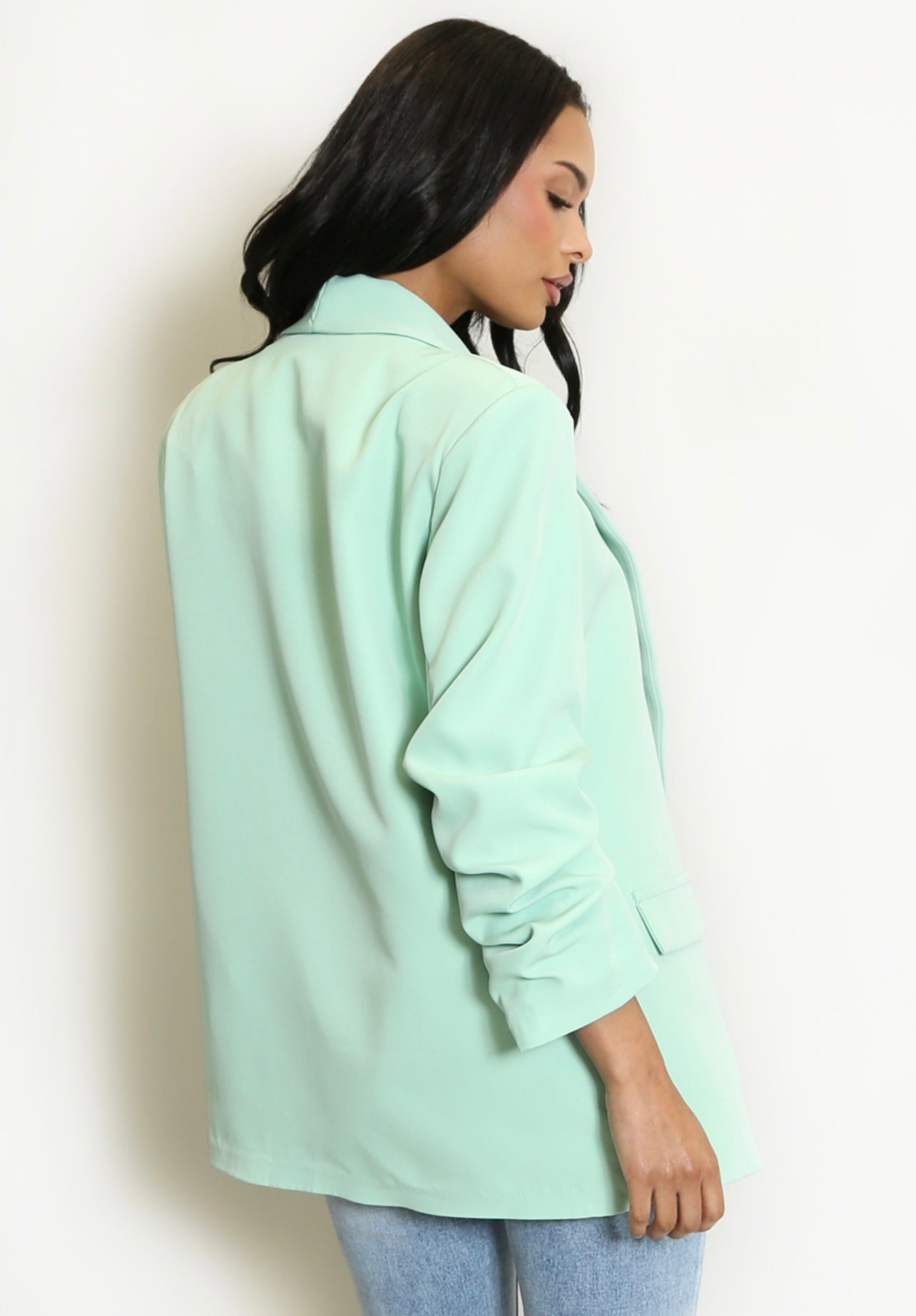 Green Open Blazer with Ruched Sleeves
