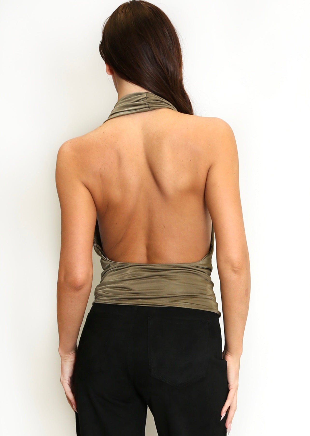 Khaki Halter Neck Buckle Drape Top