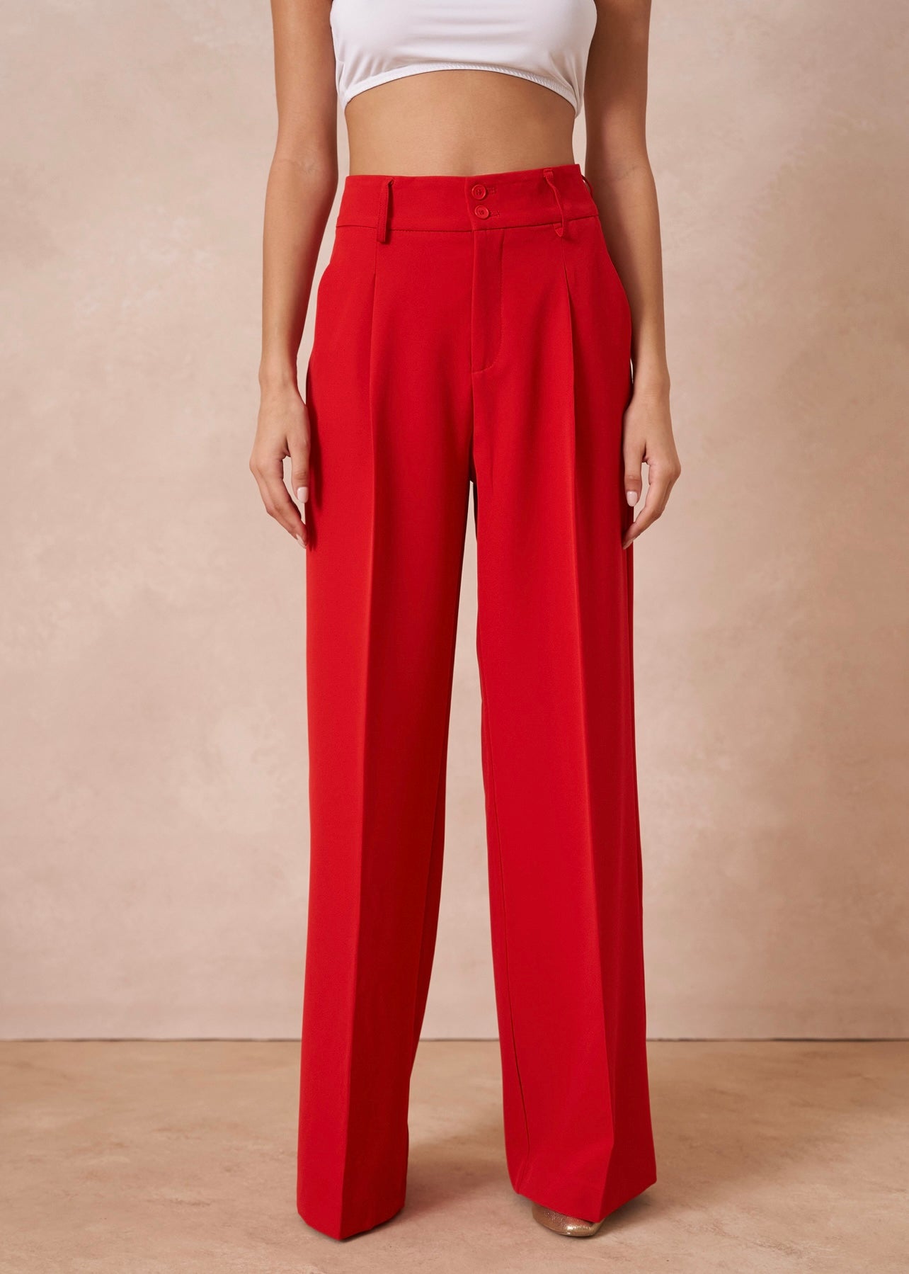 Red Tailored Wide Flare Trousers
