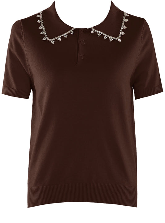 Brown Fine Knit Polo Top With Embellished Collar