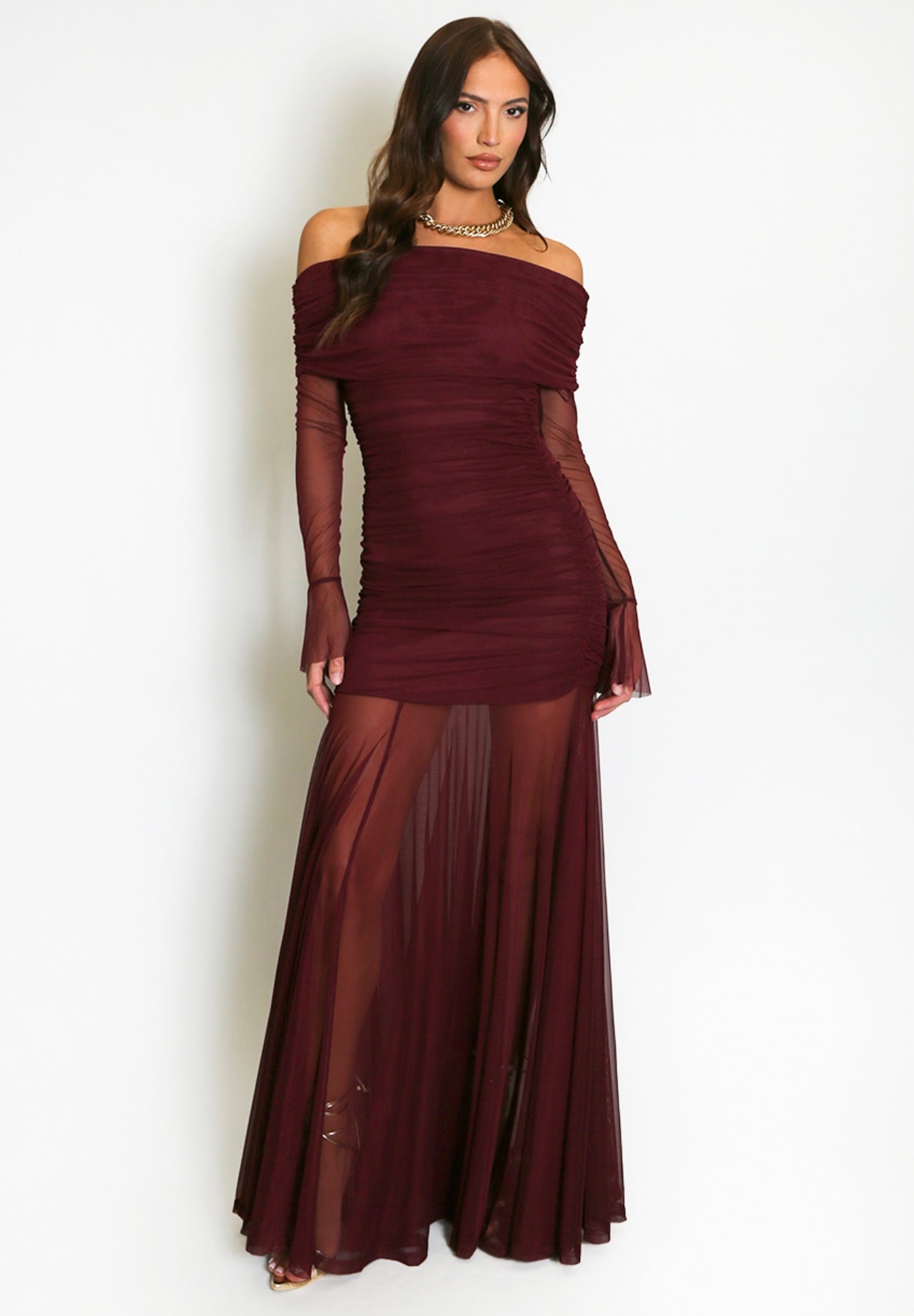 Wine Mesh Hem Bardot Maxi Dress