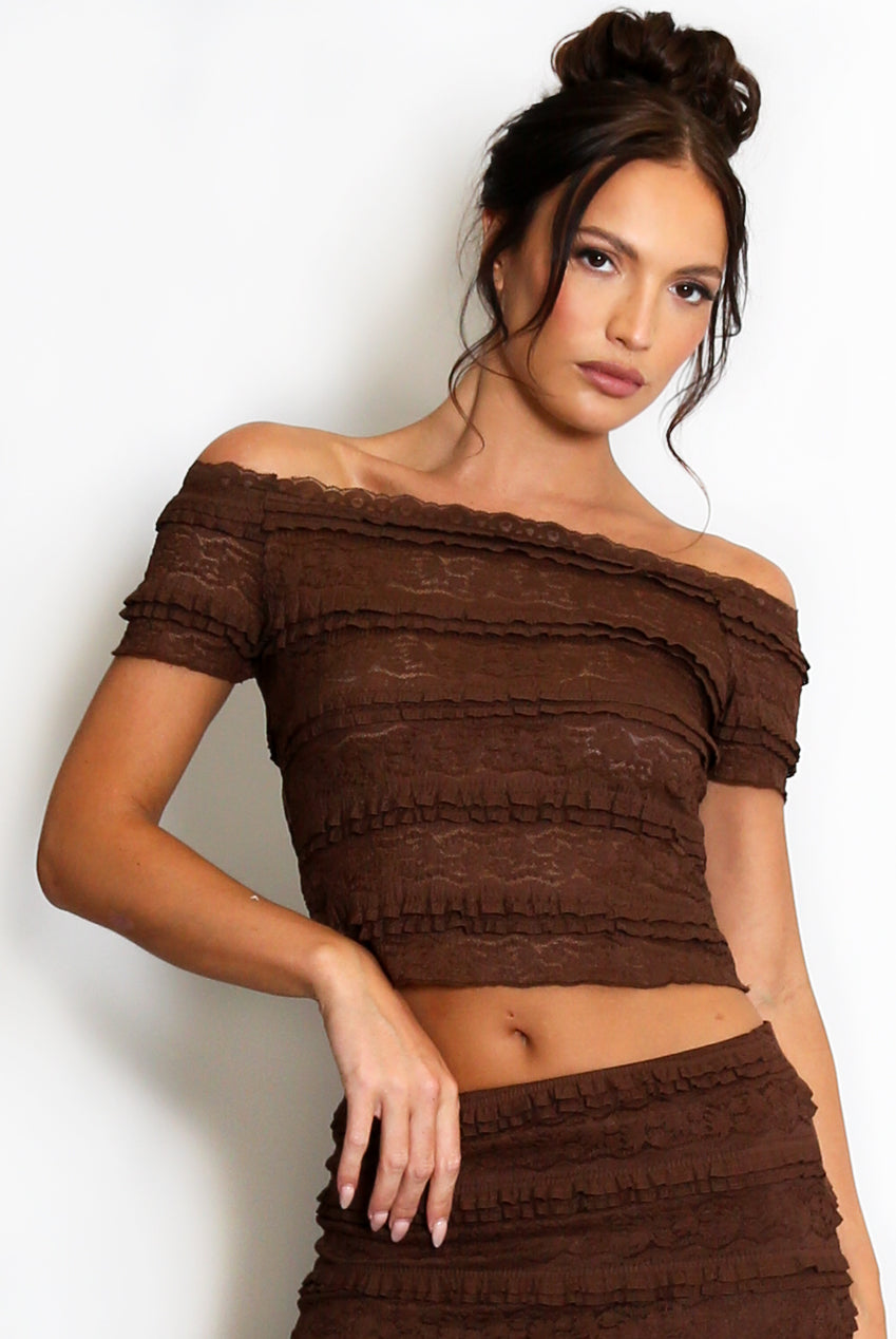 Brown Lace Panelled Bardot Top