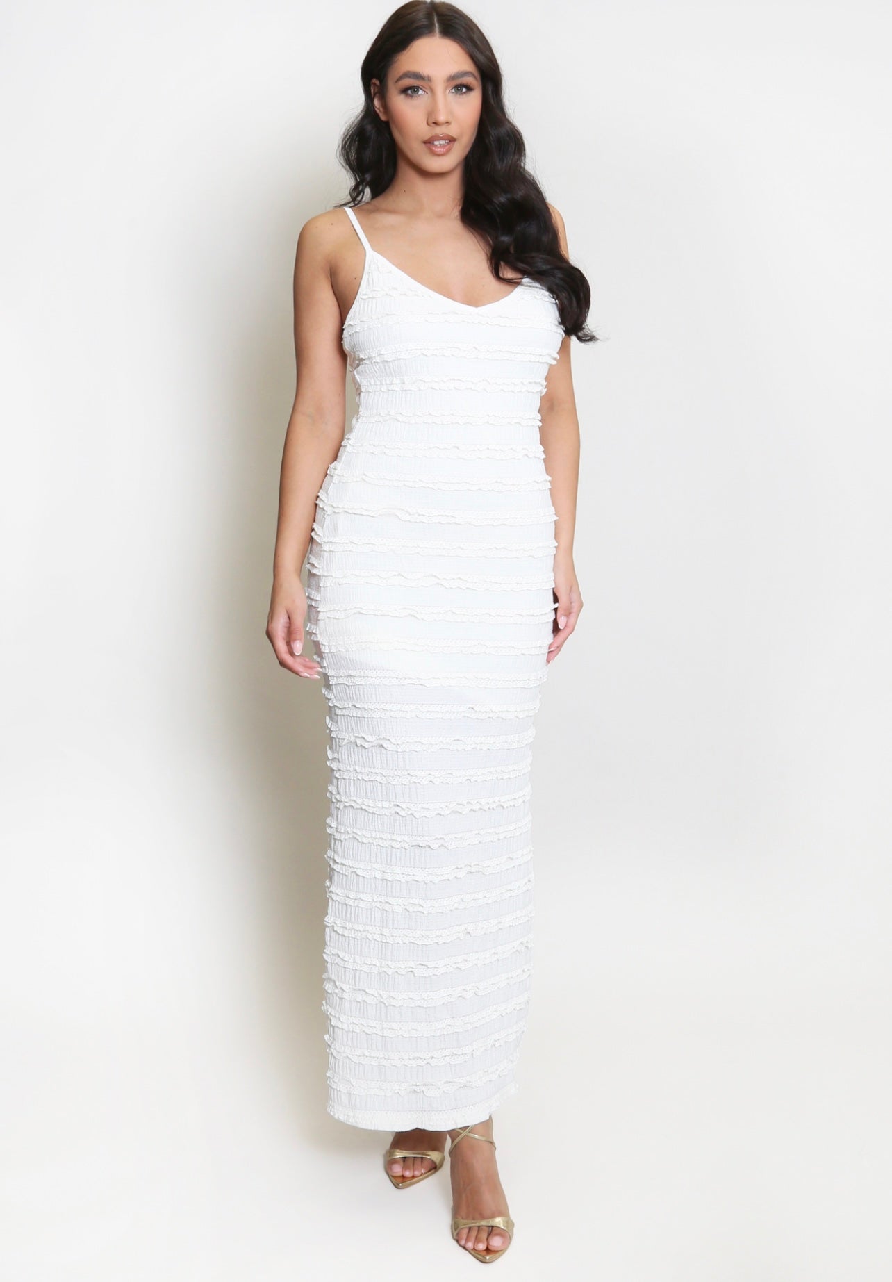 Cream Textured Tie Front Strappy Midi Dress
