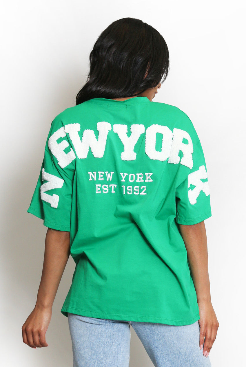 Green and White New York Embossed Back T-Shirt