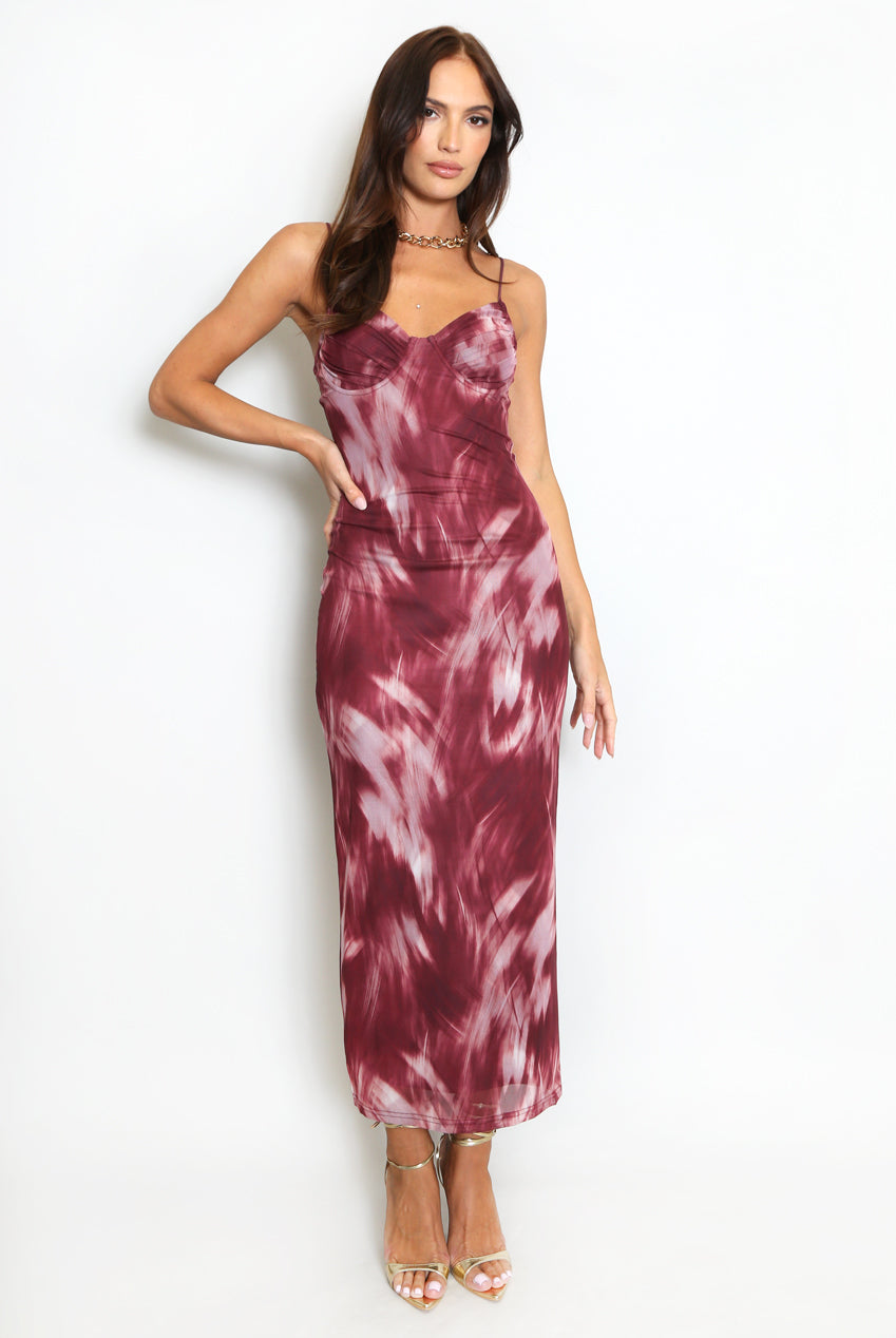 Wine Abstract Print Mesh Midi Dress