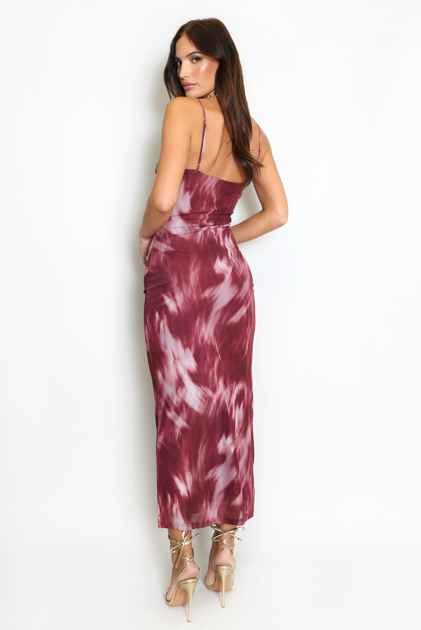 Wine Abstract Print Mesh Midi Dress