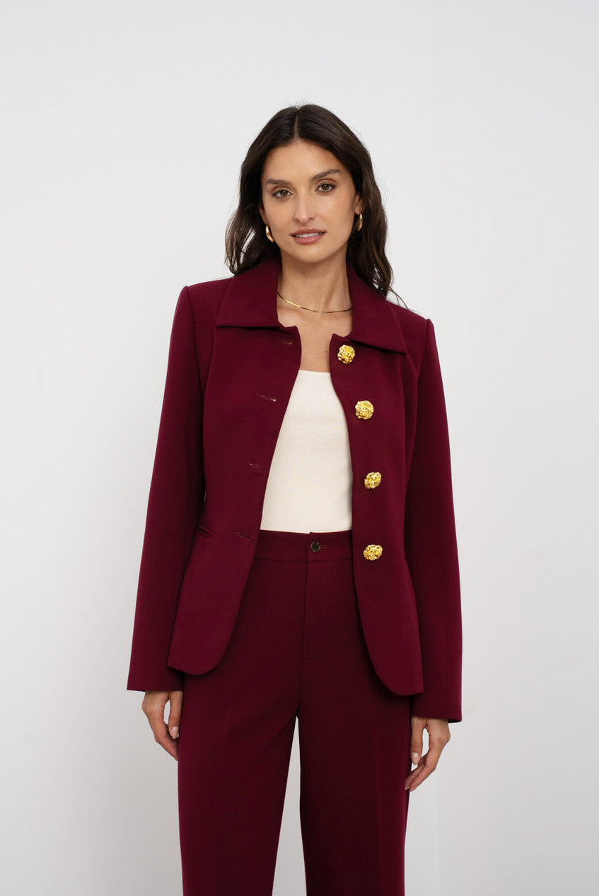 Wine Embossed Button Tailored Blazer With Collar