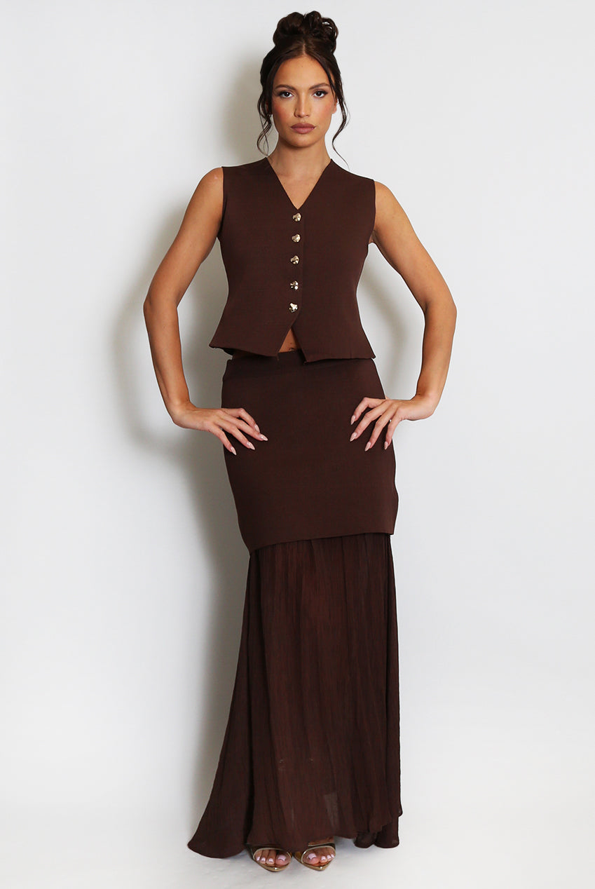 Brown Fine Knit Waistcoat And Maxi Skirt Set