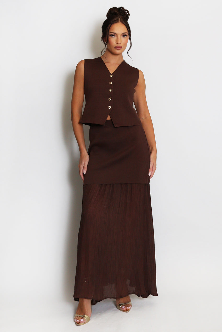 Brown Fine Knit Waistcoat And Maxi Skirt Set