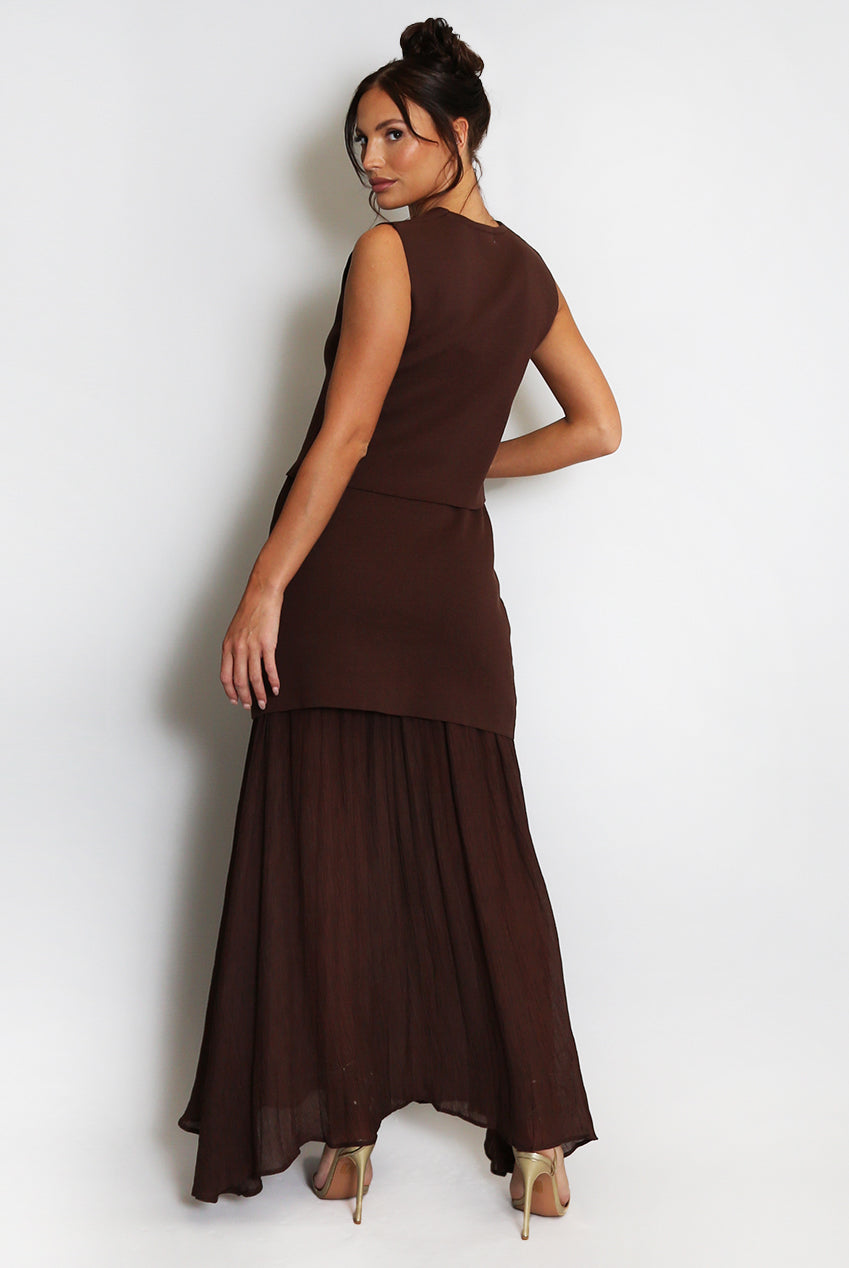 Brown Fine Knit Waistcoat And Maxi Skirt Set