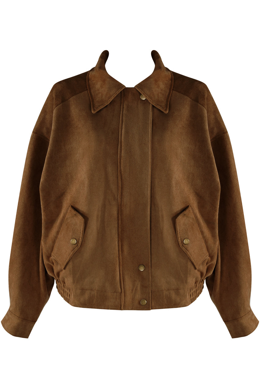 Camel Faux Suede Bomber Jacket