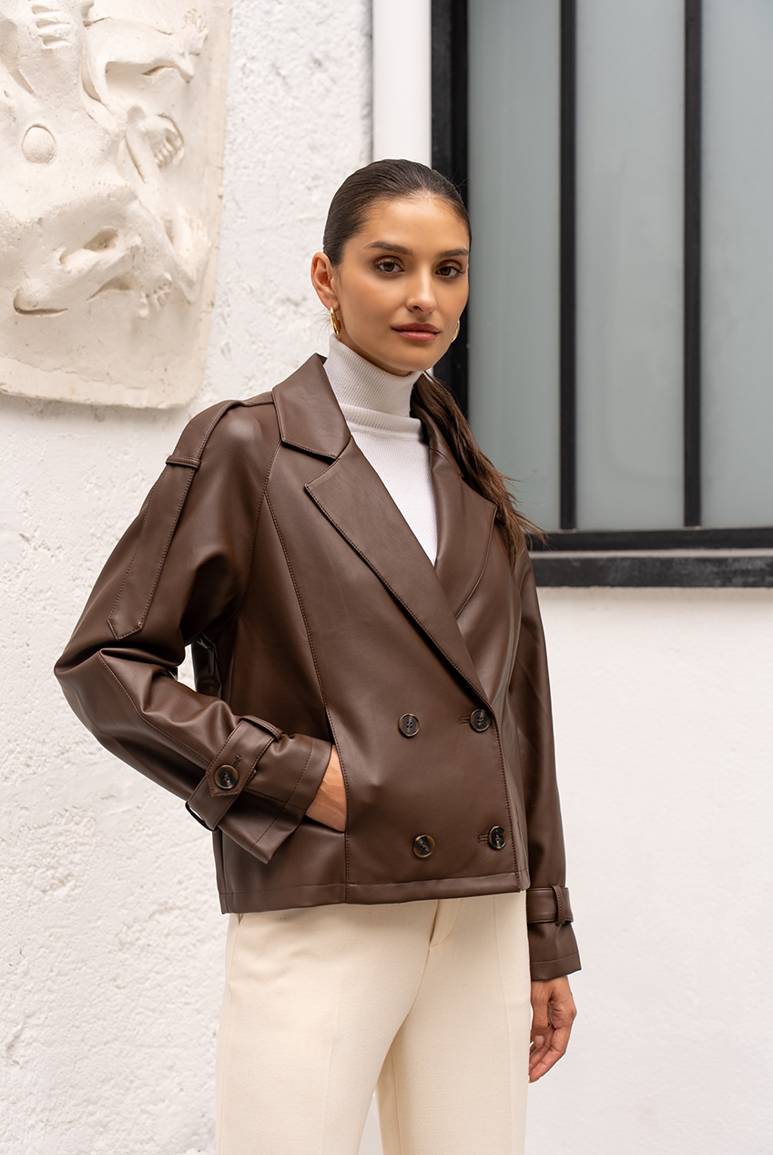 Brown Faux Leather Double Breasted Jacket