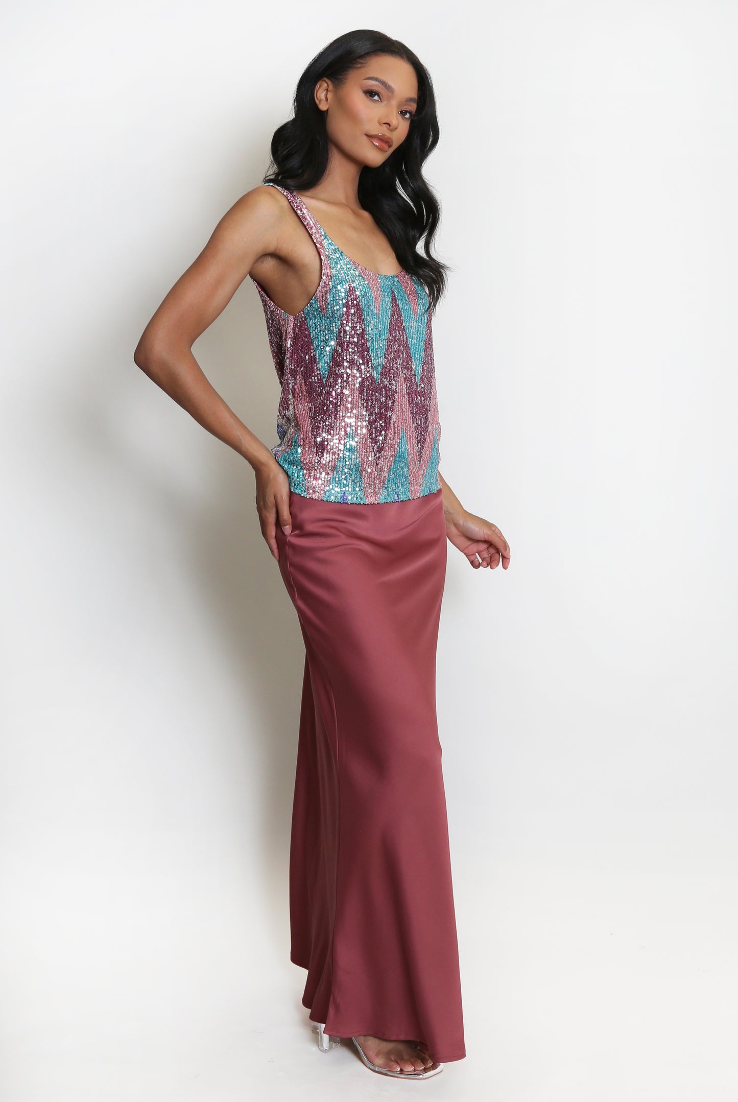 Burgundy Satin Bias Cut Maxi Skirt