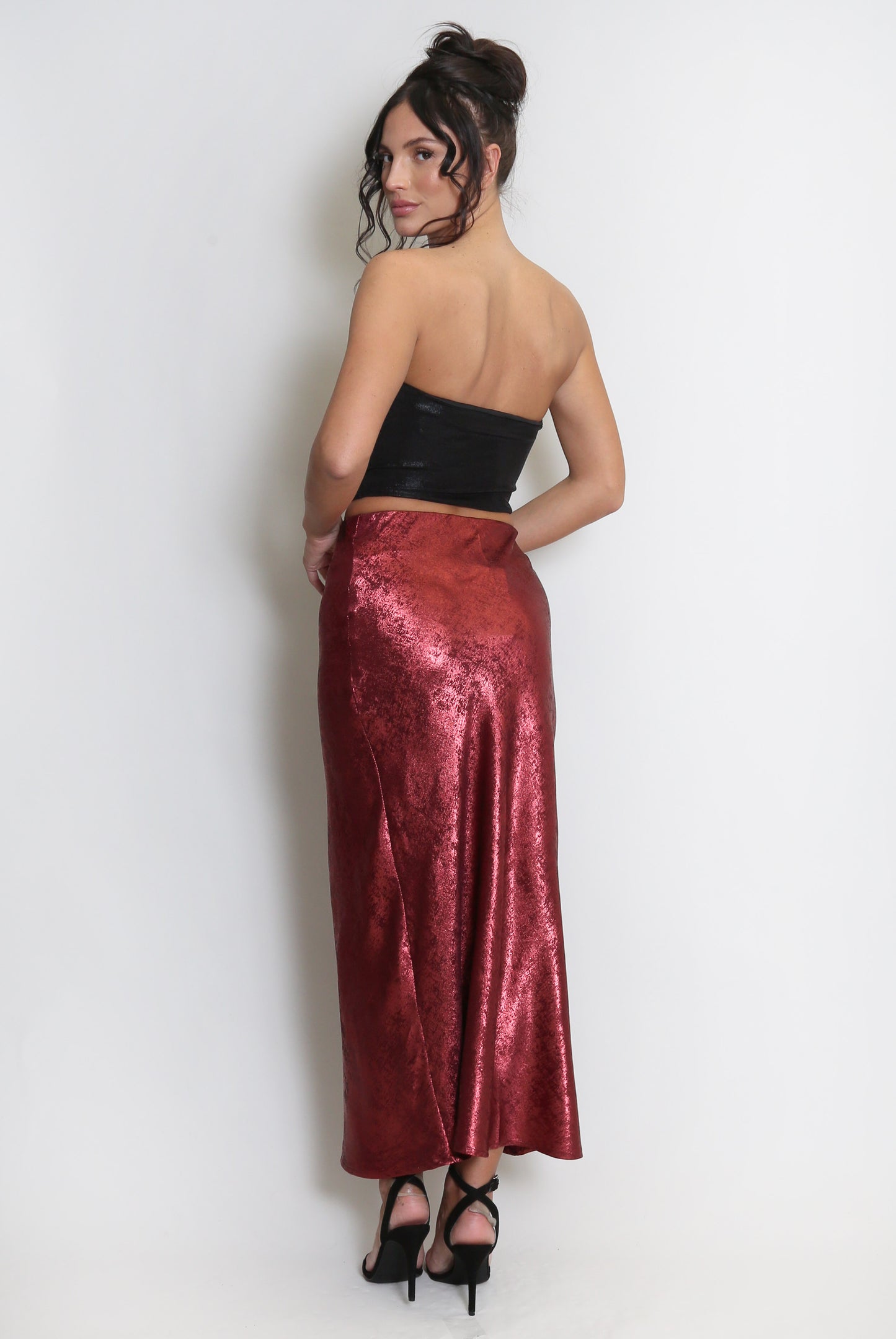 Burgundy Foil Bias Cut Midi Skirt