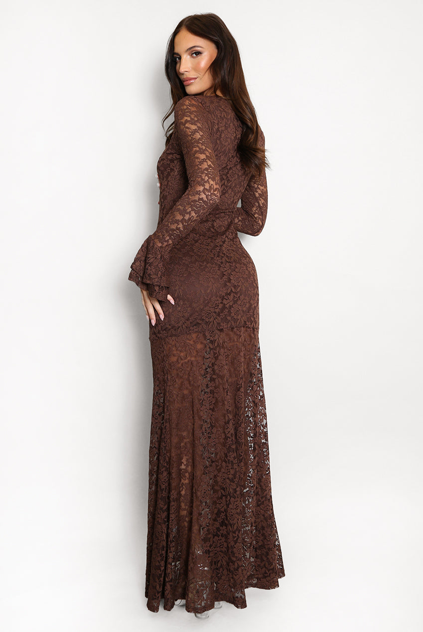 Brown Lace Flare Cuffs Maxi Dress