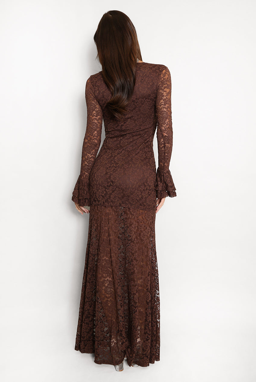 Brown Lace Flare Cuffs Maxi Dress