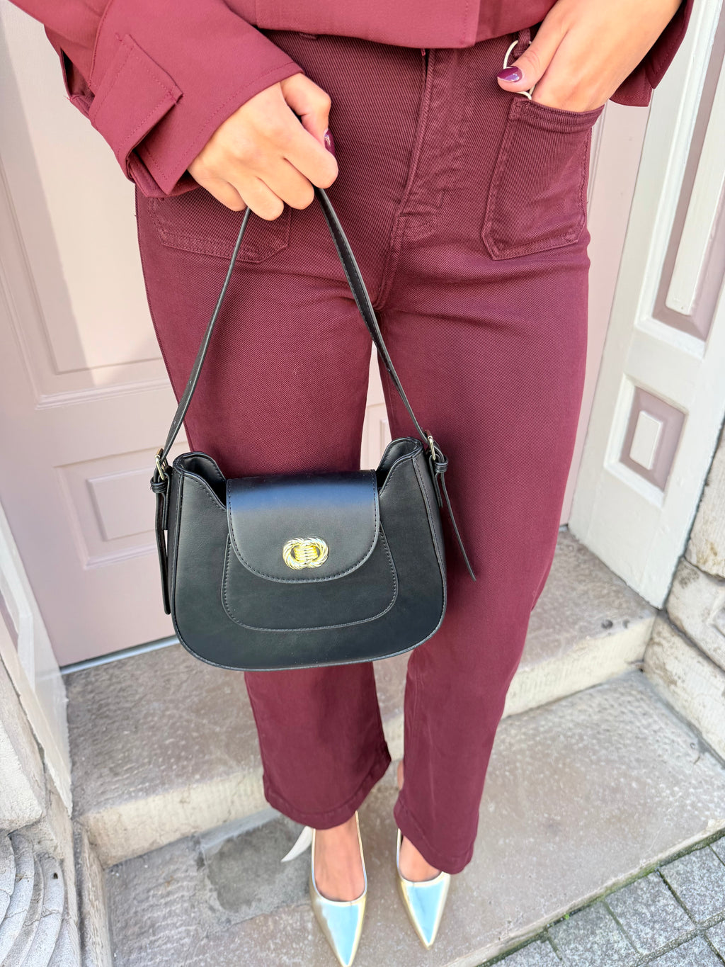 Black Gold Detail Badge Shoulder Handbag
