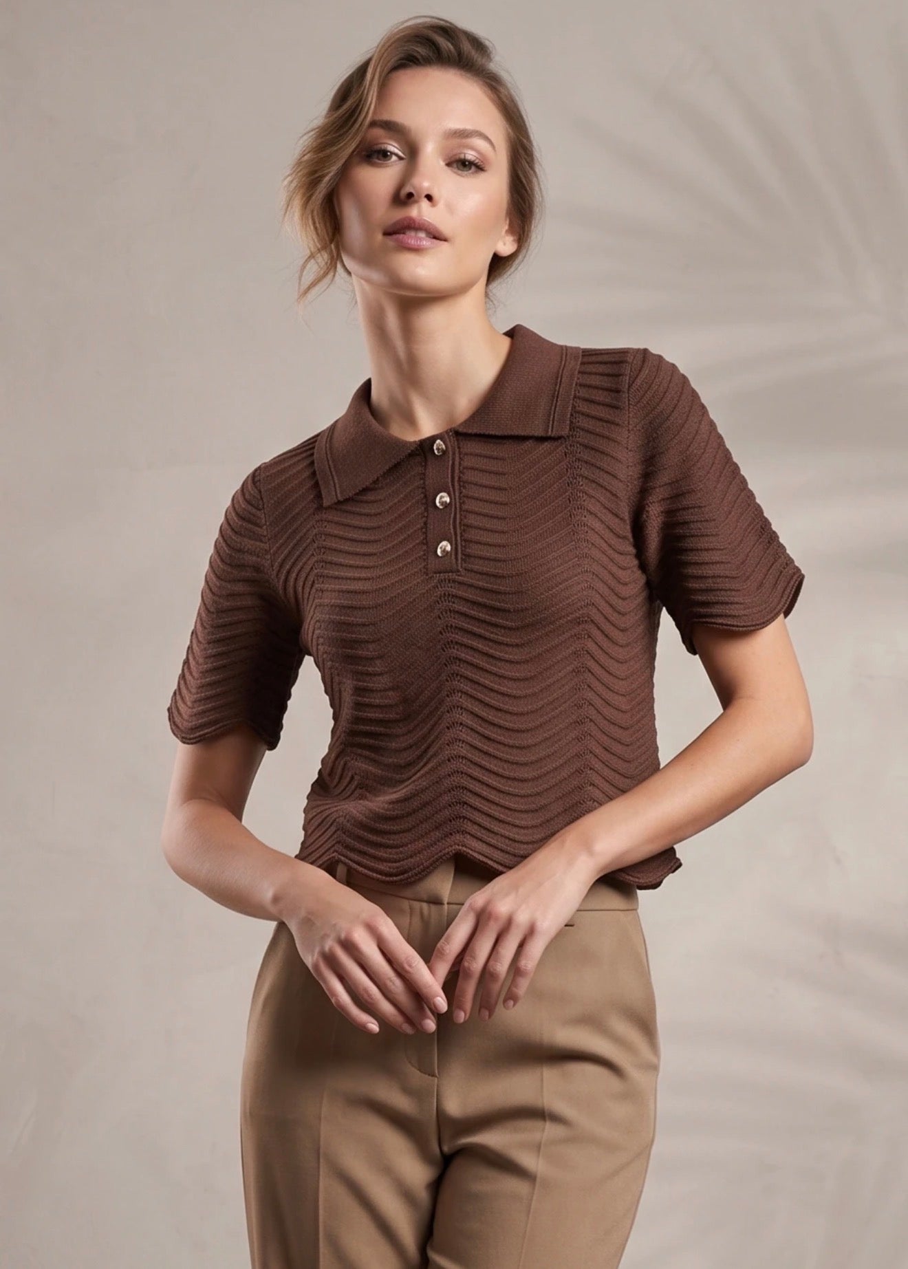 Brown Short Sleeve Textured Knit Polo Top