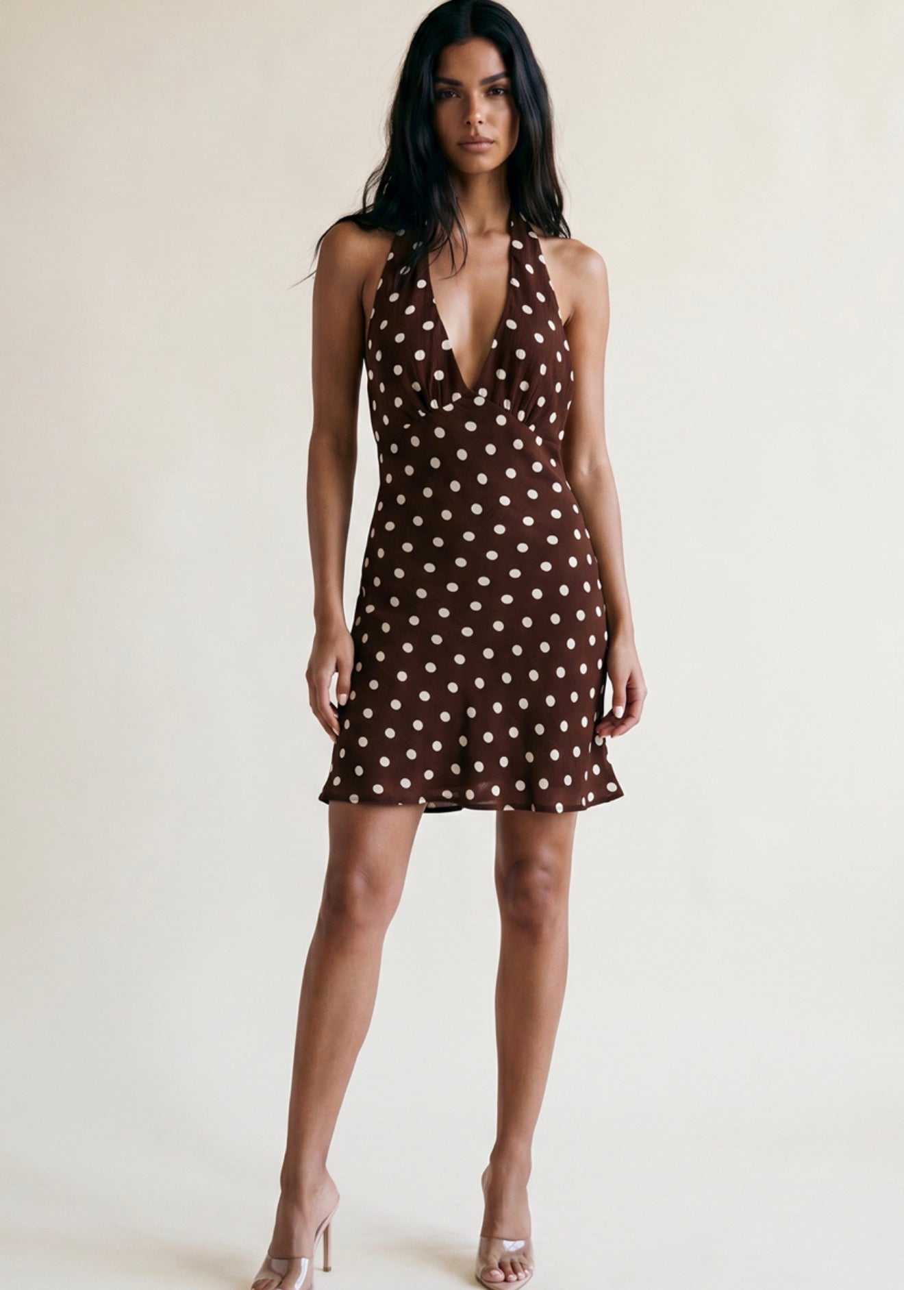 Brown Polka Dot Halterneck Mini Dress
