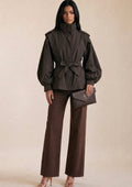 Brown Pleated Balloon Sleeve Short Trench Coat