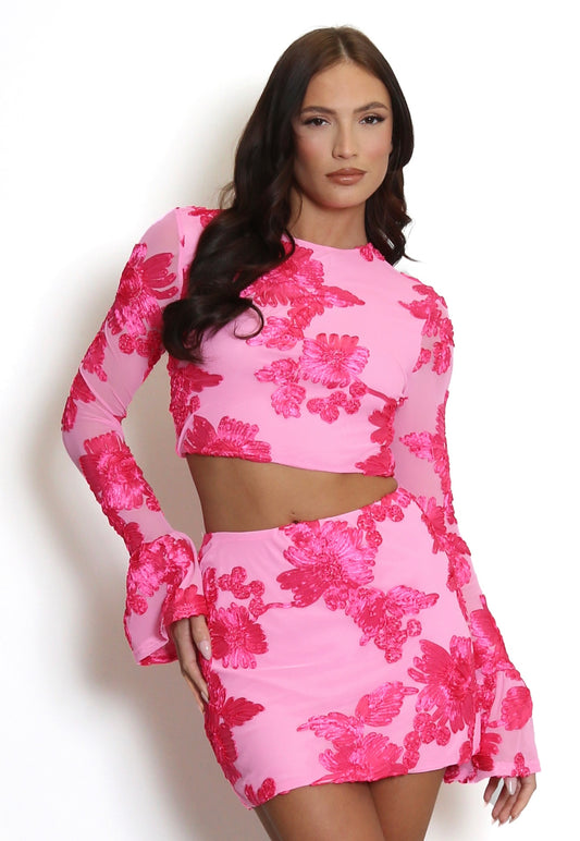 Pink Floral Lace Lined Long Sleeve Top