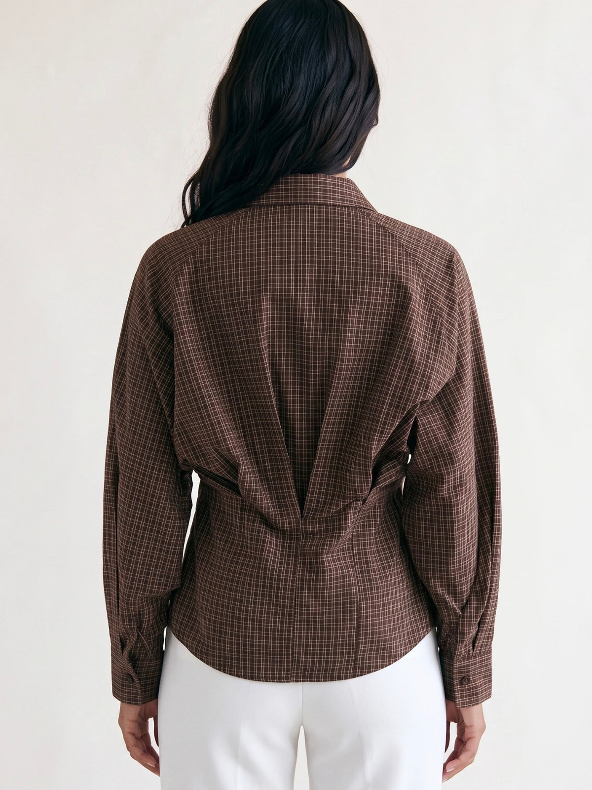 Brown Brown Check Gathered Back Blouse