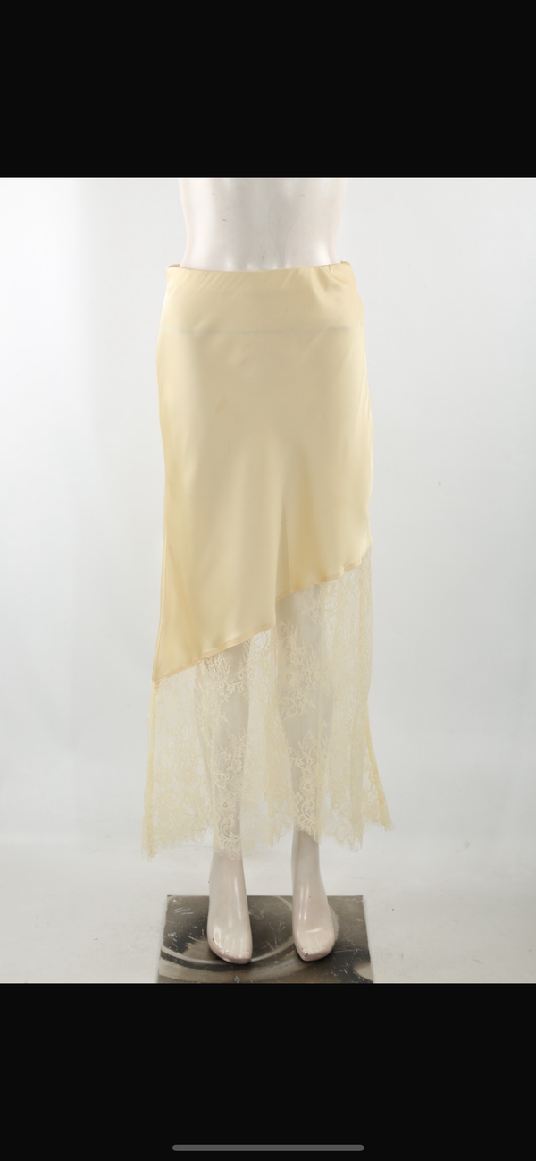 PRE -ORDER) arriving next week. Lemon Asymmetric Lace Hem Satin Skirts
