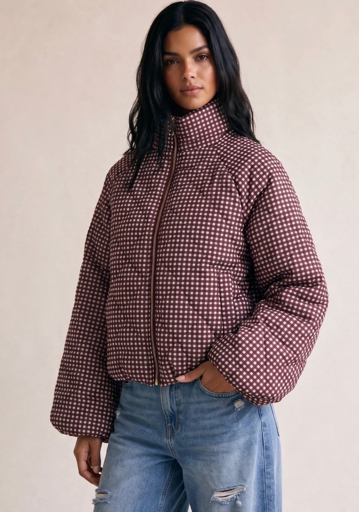 Burgundy Gingham Padded Jacket