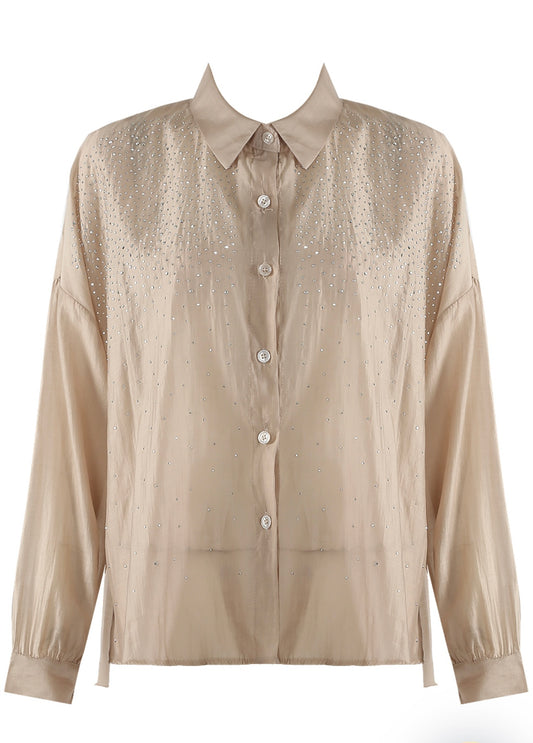 Beige Sheer Embellished Oversized Blouse