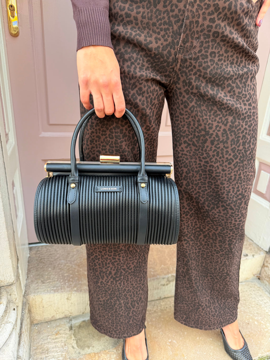 Long Ribbed Detail Gold Detail Buckle Handbag