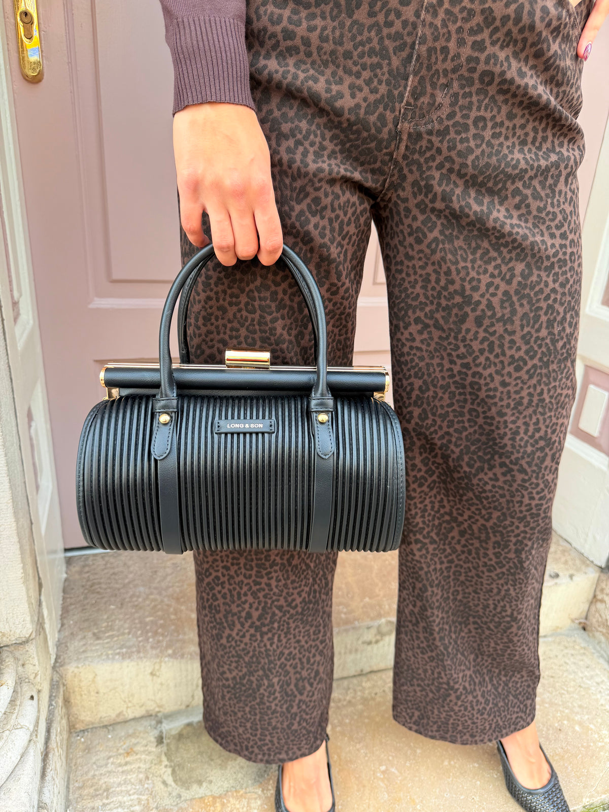 Long Ribbed Detail Gold Detail Buckle Handbag