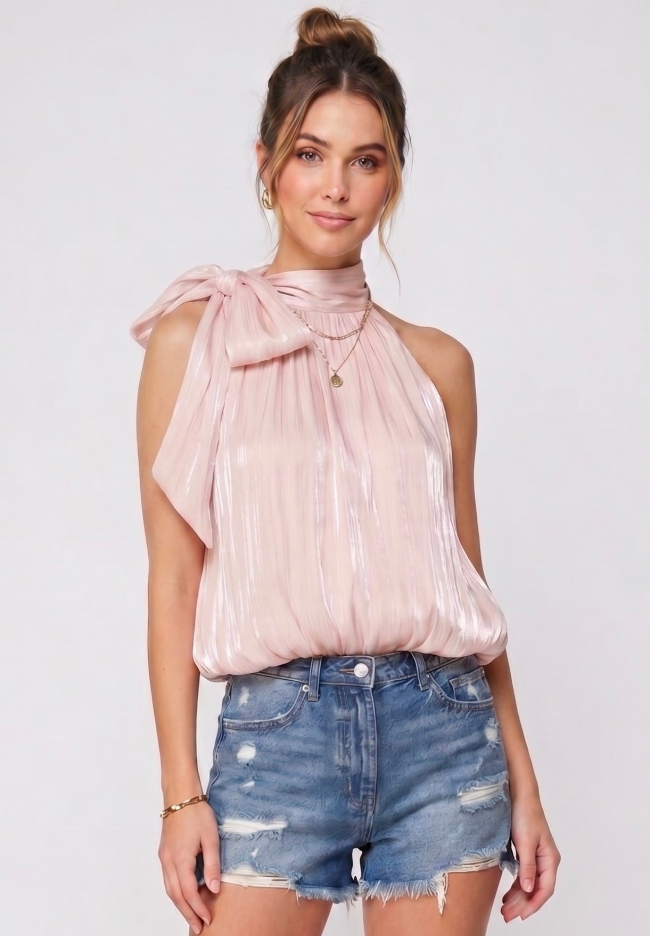 Pink Tie Neck Bubble Hem Top