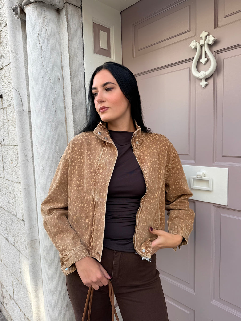 Camel Dear Print Denim Jacket