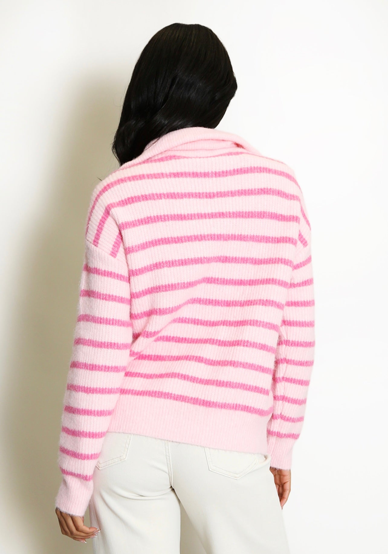 Pink Half Zip Striped Jumper