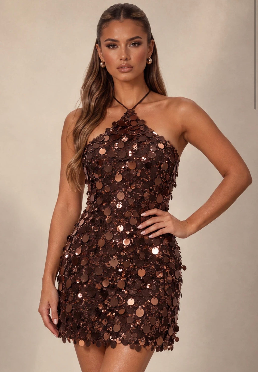 Brown Sequin Halterneck Tie Back Mini Dress