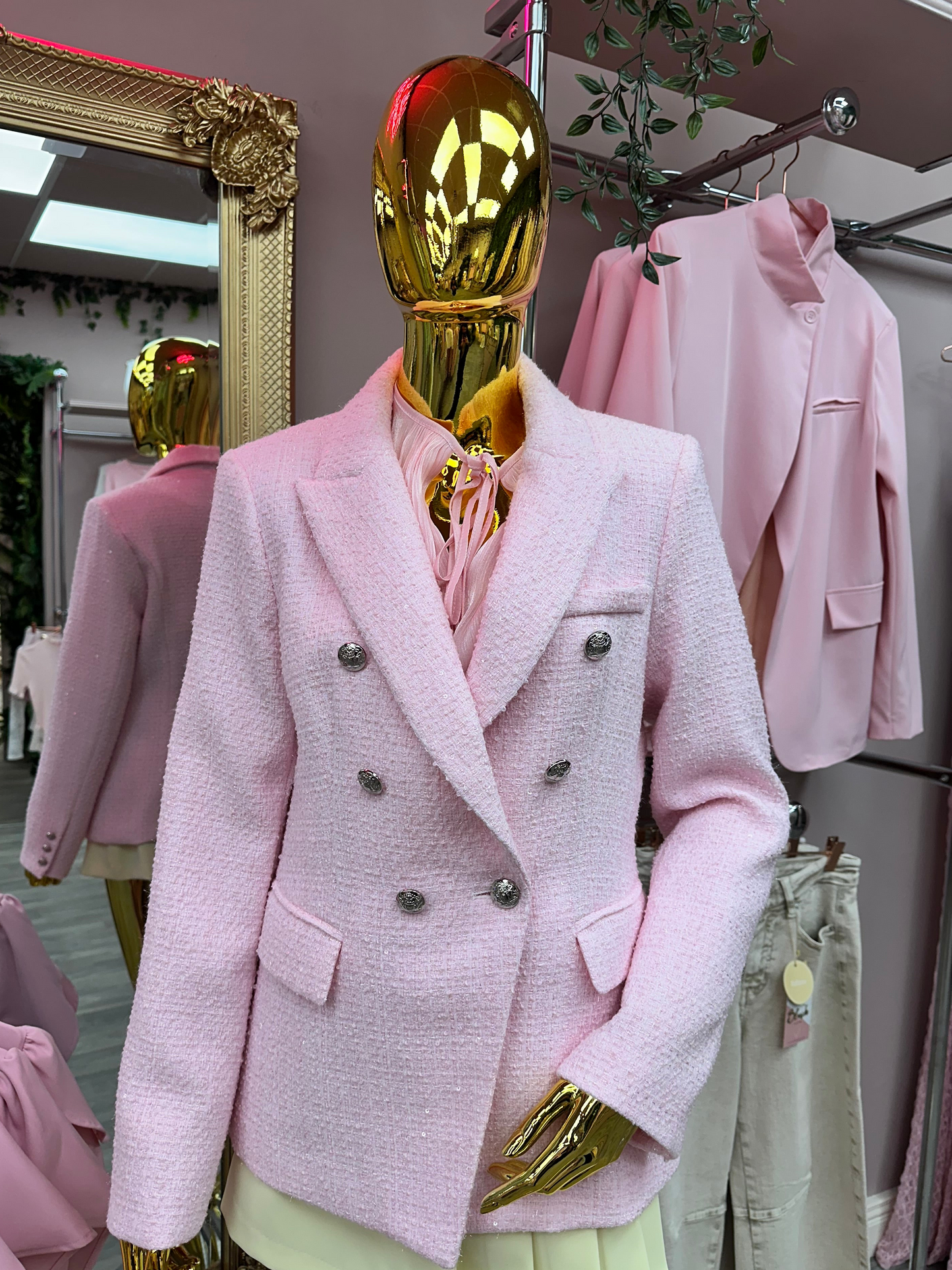 Blush Pink Tweed Button Blazer