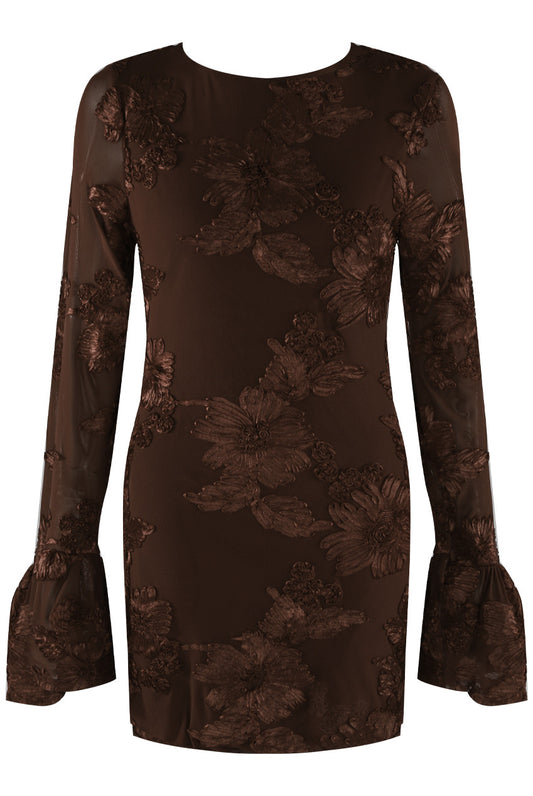 Brown Floral Lace Lined Mini Dress