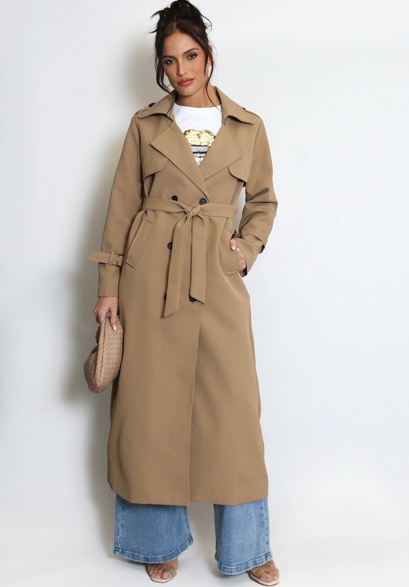 Camel Maxi Length Double Breasted Trench Coat